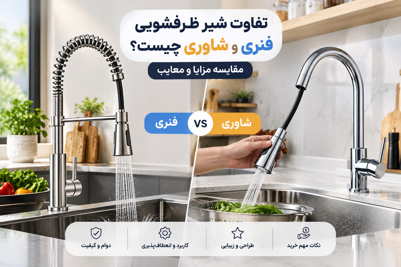 تفاوت شیر ظرفشویی فنری و شاوری چیست؟ مقایسه مزایا و معایب